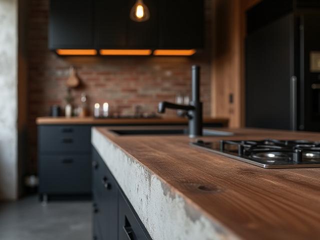 Kjøkken i en leilighet på Grünerløkka med industriell vri og mørke farger.