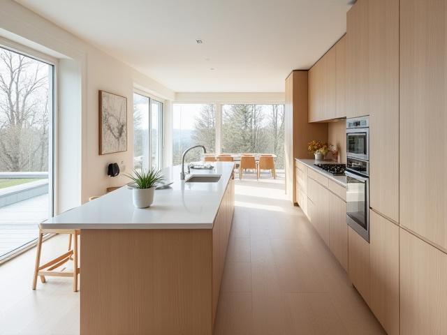 Kjøkken i en villa på Holmenkollen med mye naturlig lys og lyse tresorter.
