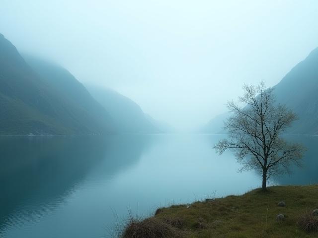 Atmosfærisk bilde av et rolig norsk fjelllandskap med et tre i forgrunnen som representerer natur og håndverk.