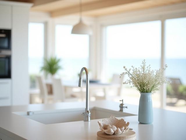 Lyst og luftig kjøkken i et kysthus med en blanding av landlige og moderne elementer