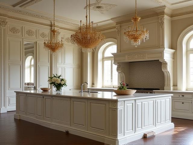 Stort klassisk kjøkken i en herregård med detaljerte utskjæringer og stor kjøkkenøy