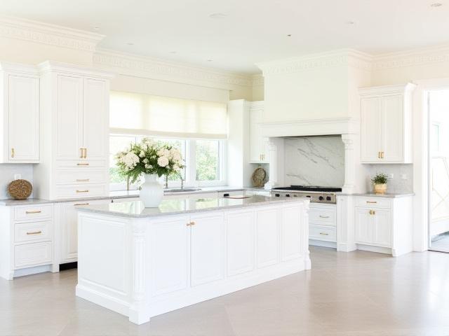 Klassisk kjøkken med hvite shaker-fronter og marmorbenkeplate i en villa