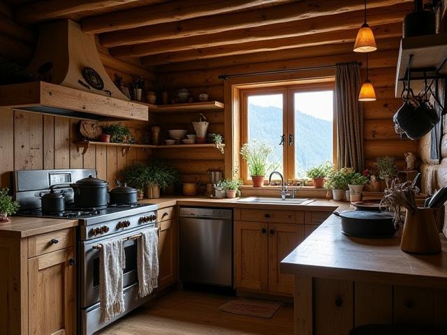Landlig kjøkken i en hytte på fjellet med treverk og varme toner