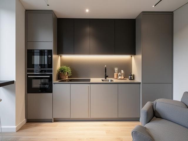 Minimalistisk kjøkken i en bygårdsleilighet med integrerte håndtak og rene linjer