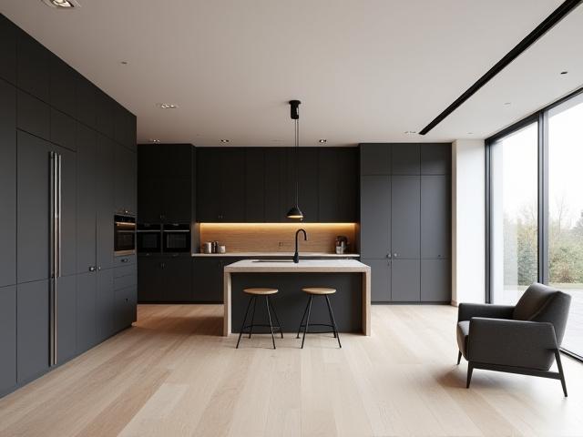 Moderne åpent kjøkken i en leilighet i Oslo med mørke fronter og lys benkeplate