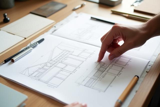 Designskisser og materialprøver ligger på et arbeidsbord, med en designers hånd som peker på et detaljert utkast.