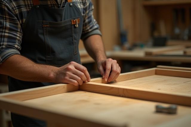 En snekker monterer et skap med presisjon, fokus på håndverket i et moderne verkstedmiljø.