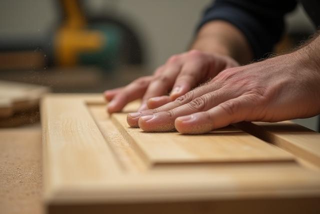 En hånd som nøye sliper en trekomponent, fokusert på detaljer i et verksted.