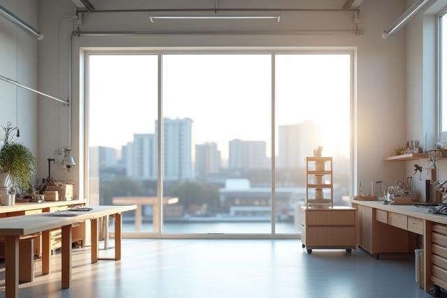 Verkstedutsikt over innkommende naturlig lys, med et subtilt glimt av Oslo bybildet i det fjerne.